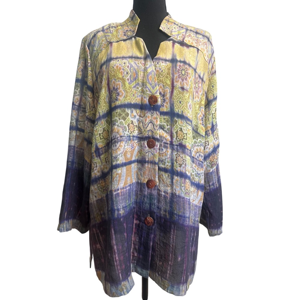 Dressori Womens 0X Purple Yellow Tie Dye Floral Medallion Button Front Tunic Top - Picture 1 of 5